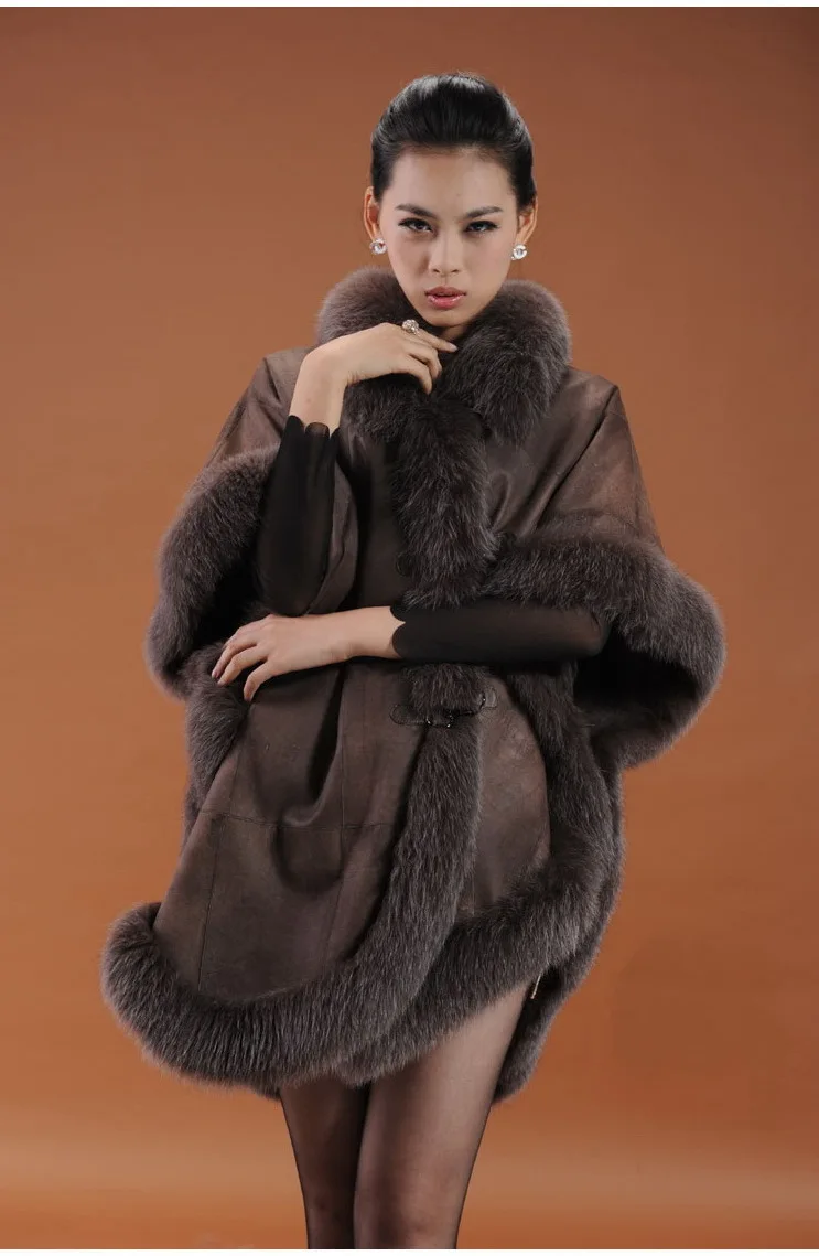 Luxury Top Real Fox Fur Rabbit Fur Leather Poncho Cape Stole Shawl Coat