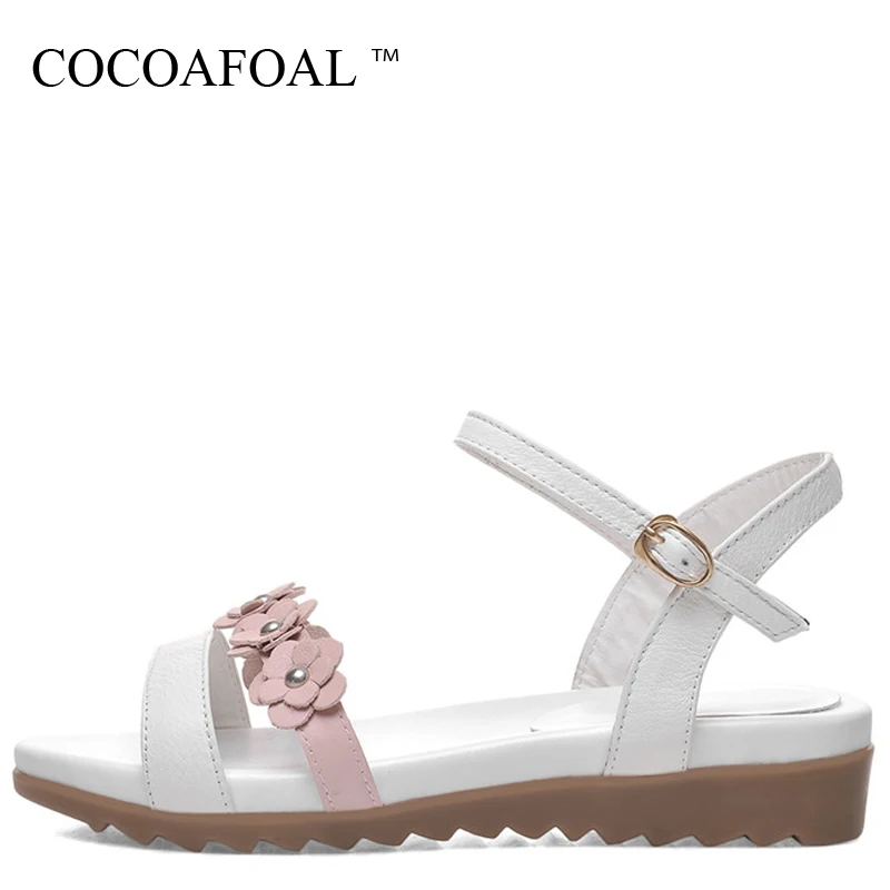 

COCOAFOAL Women Cheap Genuine Leather Sandals Pink Green Flower Oxford Flat Sandal Summer Casua Sandals Sandalias Playa Mujer