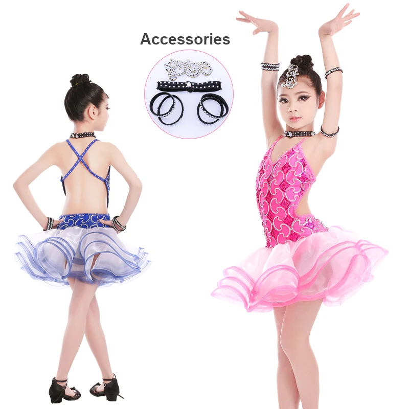 

Girls Sexy Open Back Latin Dance Dress Rumba Samba Salsa Sequin Fluffy Dress Kids Children Stage Wear Costumes