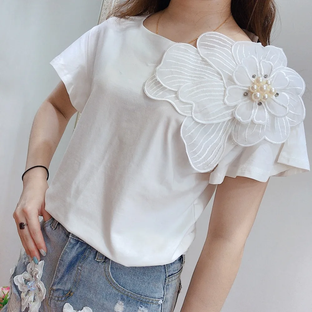 

Summer Short sleeve women t shirt 3D floral tshirt beading cotton tops