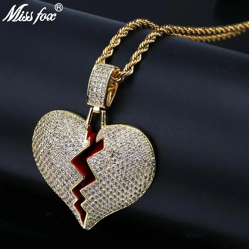 

MISSFOX Hip Hop Broken Heart Couple Necklace Pendant 24K Gold Plated CZ Stone Kingdom Hearts Punk Women Men Fashion Gold Jewlery
