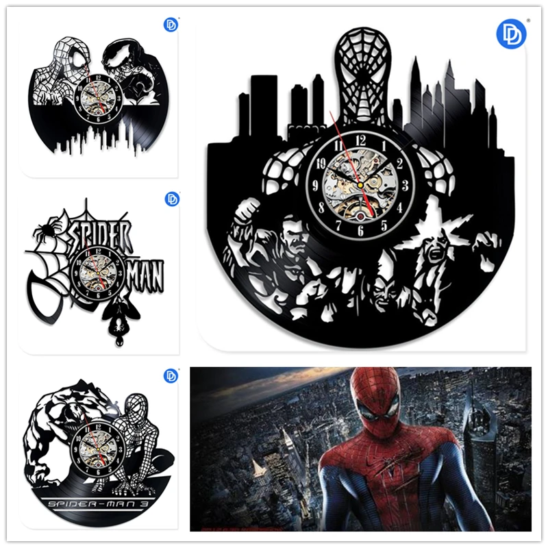 

Super Hero Spider Man Design Modern Vinyl Record Mirror 3D Wall Clock Art Wall Home Decor Clocks
