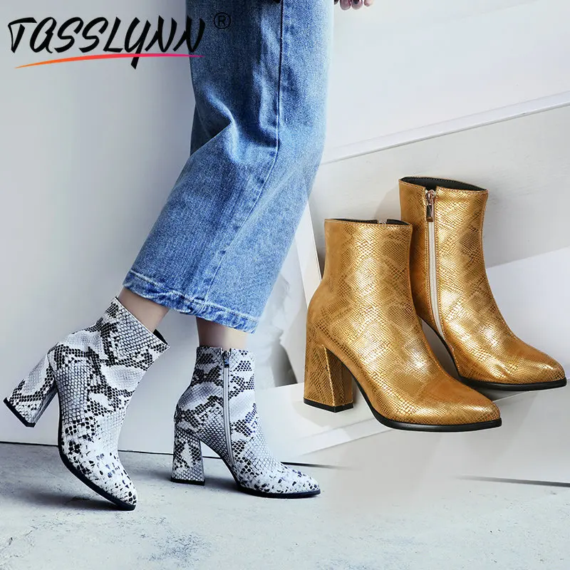 

TASSLYNN 2019 Women Shoes Sexy Pointed Toe Animal Prints Ankle Boots Hoof Heels Chelsea Boots Winter Boots Women Size 34-43