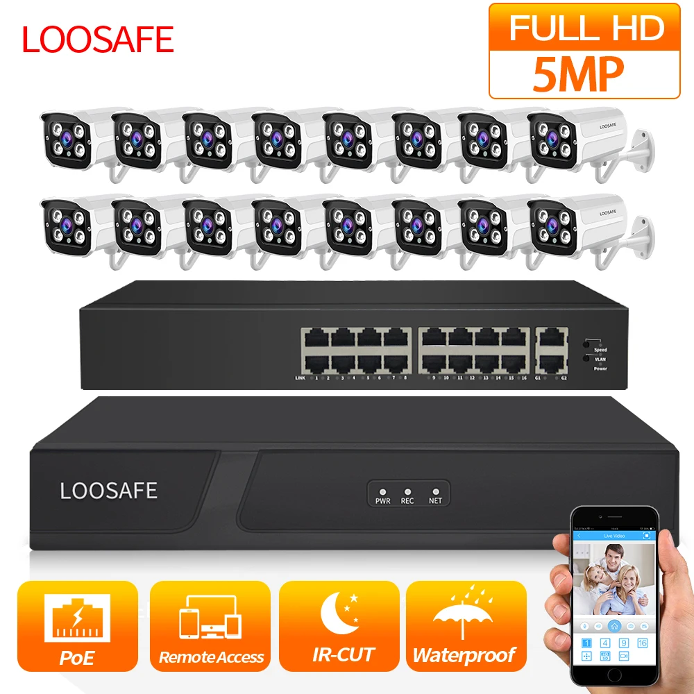 

LOOSAFE HD CCTV DVR 16PCS 5.0 MP IR POE Surveillance Cameras System Kit