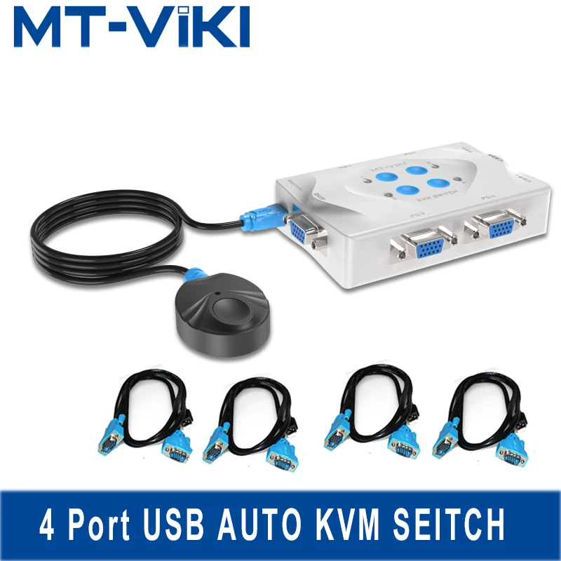 

MT-Viki KVM Switch VGA USB 4 Port Hotkey Wired Remote Controller Select Auto Scan with Cable 1920x1440 High Resolution MT-401KL