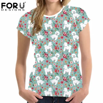 

FORUDESIGNS Bichon Frise Flower Print Women T Shirt Summer Short Sleeve Tops Tee Shirt Animal Dog Floral Design Woman T-shirts