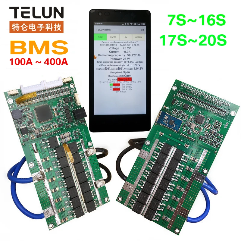 

New 80-400A Intelligent Bluetooth Wireless BMS 7-20S Series Lithium Battery Protection Panel Suitable for Solar Power Generation