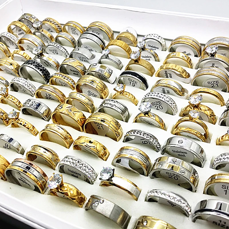 Wholesale 30pcs women's ring set men's unisex big rhinestone zircon engagement gold silver stainless steel jewelry for wedding