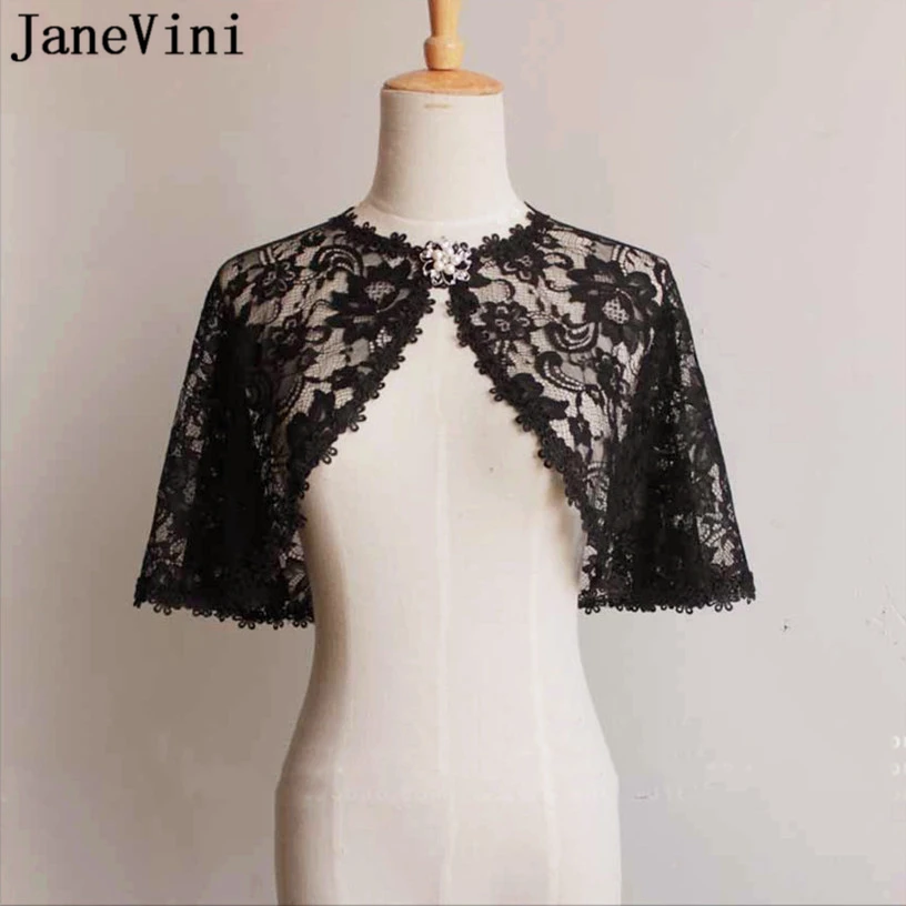 JaneVini Vintage Black Lace Bridal Coat Wedding Capes Jacket for Evening Party Women Short Shawl Wrap Brides Wedding Accessories