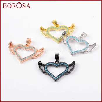 

BOROSA New Collection CZ Micro Pave Crystal Heart with Wing Pendant Beads,High Quality CZ Blue Zircon Fashion Pendant WX774