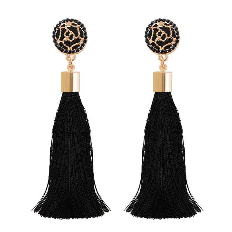 

SHUANGR Women Black Crystal Flower Fringe Earrings Geometric Long Dangle Tassel Earrings 2019 Fashion Jewelry Oorbellen Gift TY