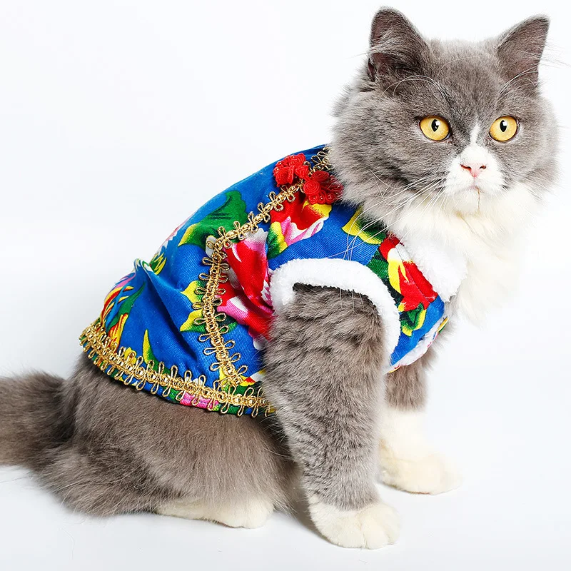 Забавный китайский Стиль Зима Pet Костюмы Хлопок Одежда для кошки Наряд животных