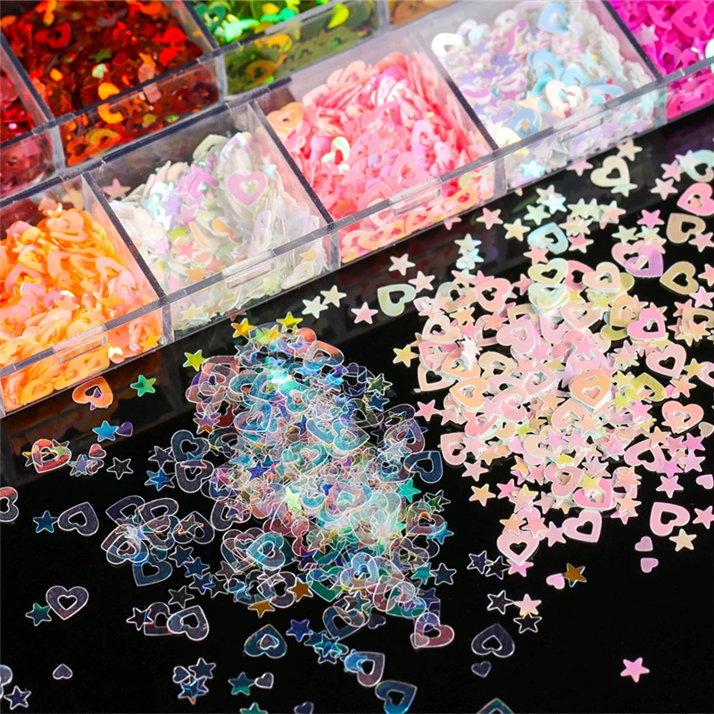 

12 Grids/set mixed Laser Nail Glitter Flakes 3D Charms lucky star hollow heart Sequins nail art Decoration Manicure Tools