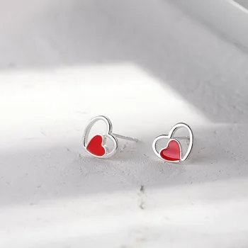 

925 Sterling Silver Cute Red Enamel Heart Stud Earrings For Women Girls Children Baby Kids Fashion Jewelry Brincos eh1136