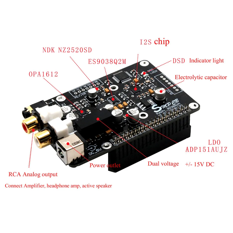 ES9038q2m OPA1612 Op 9038 декодер цифровая вещательная плата I2S 32 бит/384K DSD128 для Raspberry PI 2B 3B +