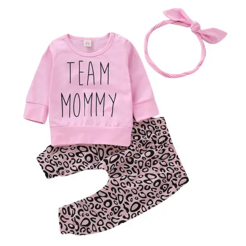 

Baby Little Girl Letters Leopard Clothes Sets Newborn Babies Kid Girls Tops Leopard print Pants Headband Outfits 3PCS Set 2019