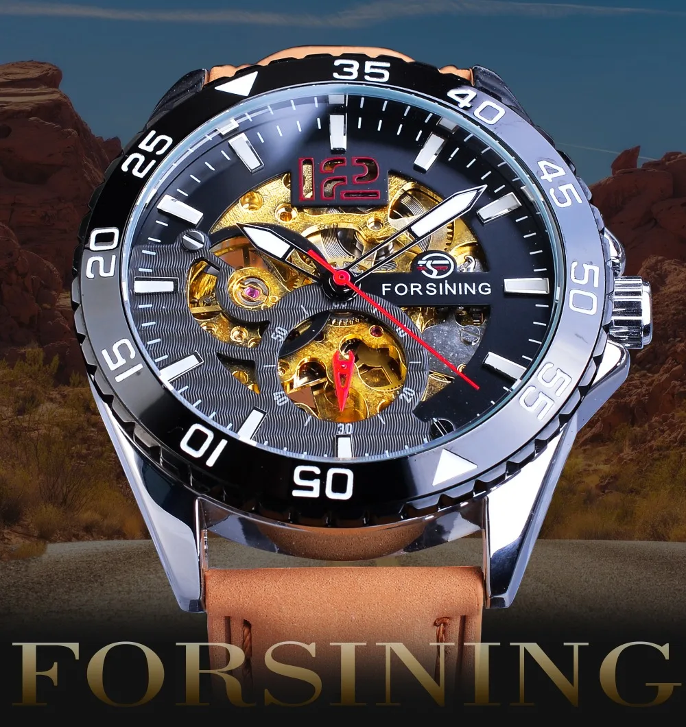 Forsining Creative Mechanical Sport Watches Men's Automatic Half Color Dial Brown Leather Band Racing Outdoor Watch Reloj Hombre_voghion.com