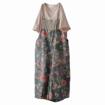 

2019 Vintage Women Denim Overalls Loose Patchwork Print Floral Jumpsuits 2019 Summer New Pockets Jeans Jumpsuits