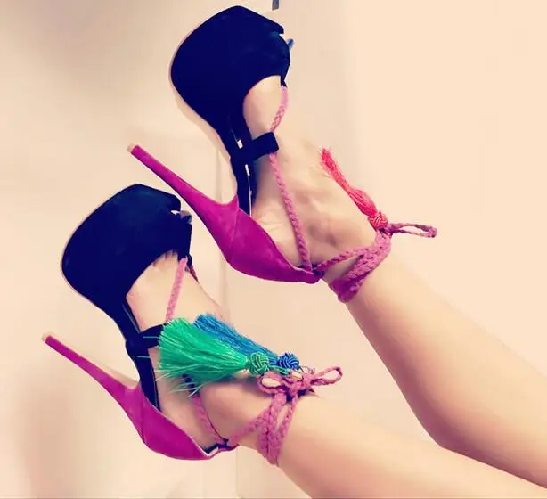 Top Quality Mixed Color Ankle Lace-up High Platform Women Sandals Cut-out Peep Toe Women Pumps Fringe Dress shoes woman Size 10 Top Quality Mixed Color Ankle Lace-up High Platform Women Sandals Cut-out Peep Toe Women Pumps Fringe Dress shoes woman Size 10