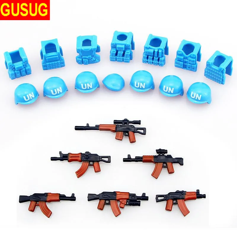 

GUSUG 6pcs guns+7pcs helmet and Beret UN Bulletproof Vest AK Weapons Pack Military Army Arms lightsaber For City Police Toys