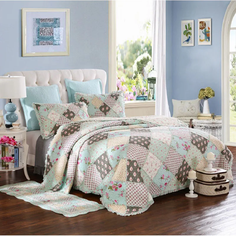 CHAUSUB Korean Floral Patchwork Quilt Set 3PCS Cotton Coverlet Quilted