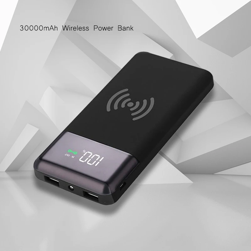 

30000mAh QI Wireless Charger Power Bank For iPhone XS Samsung S9 PowerBank LED 2 USB Charger Wireless External Battery Pack Bank