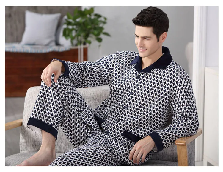 CherLemon зимние мужские утепленные стеганые пижамные комплекты длинный рукав; пуговицы до мужской пижамы Повседневное ромб Pijamas теплый Lounge Wear