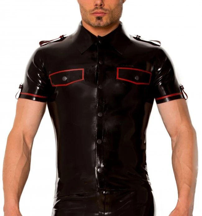 Latex Black & Red Uniform Shirt Latex Men's Top Costumesin Sexy