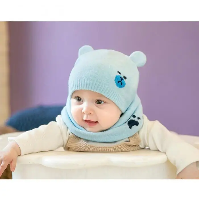 Детская зимняя шапка s наборы с шарфом теплая вязаная Круглая Шапочка Милая шапочка с рисунком медведя NFE99