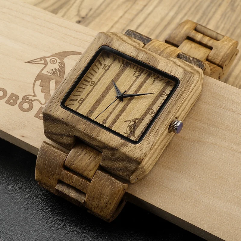 BOBO BIRD Rectangle Zebra Mens Wooden Wrist Watch Top Brand Luxury Quartz Watches with Full Wooden Band in Gift Box