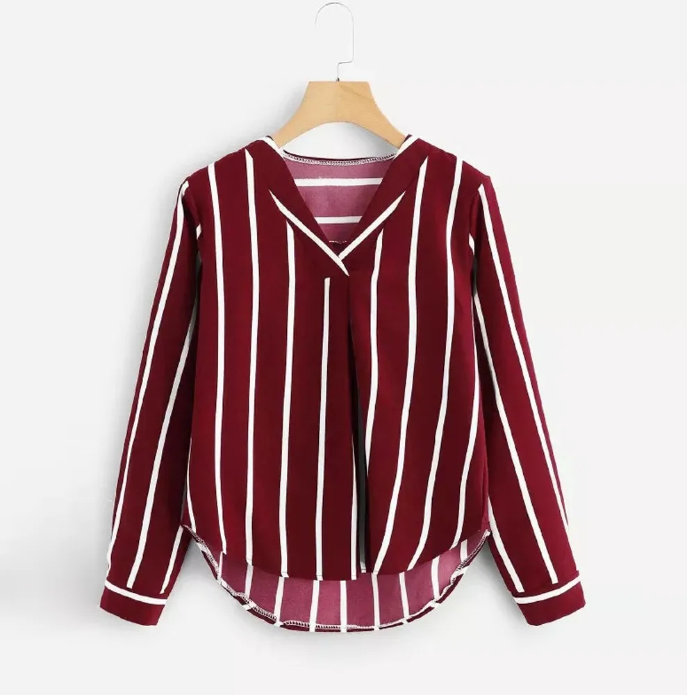 Womens Tops And Blouses Autumn Vintage Long Sleeve Shirt V Neck Irregular Stripe Shirt Blouse Ladies Tops Blusa f763