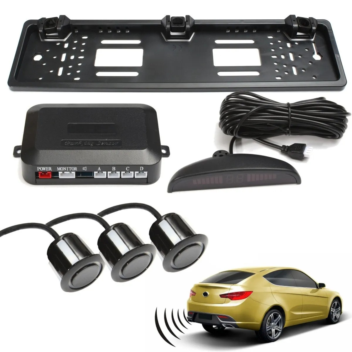 

EU European License Number Plate Frame 3 Reversing Reverse Parking Sensor Backup Radar Kit Number Parking System