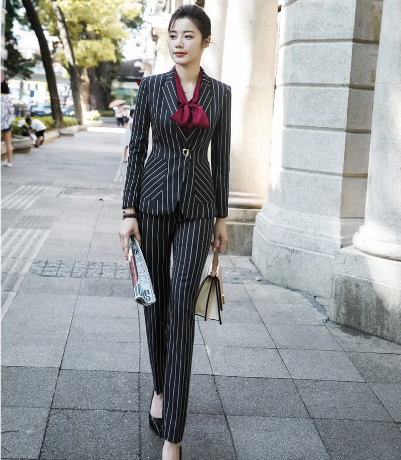 

Fashion Striped Formal Uniform Designs Pantsuits Women Business Suits With Jackets and Pants Professional Office Pants Suits