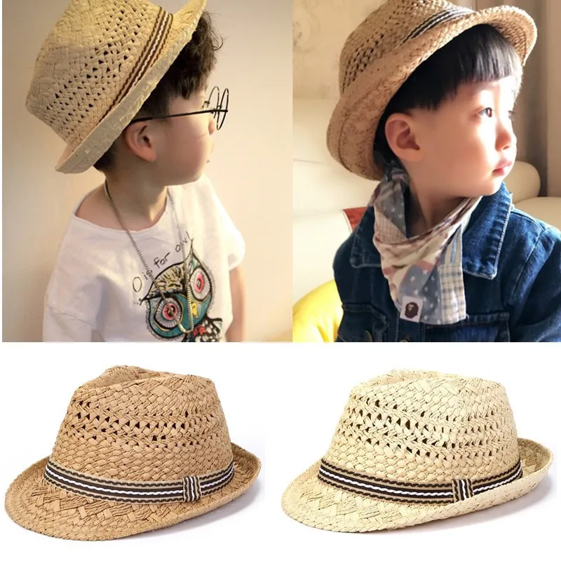 Summer Boys Straw Hat British Jazz Hat For Children Beach Cap Kids Roll Up Sun Cap