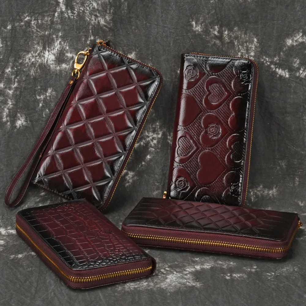 

Genuine Leather Woman Wallet Handmade Long Purse Vintage Cowhide Leather multiple Card Holder Retro Clutch Standard Wallet