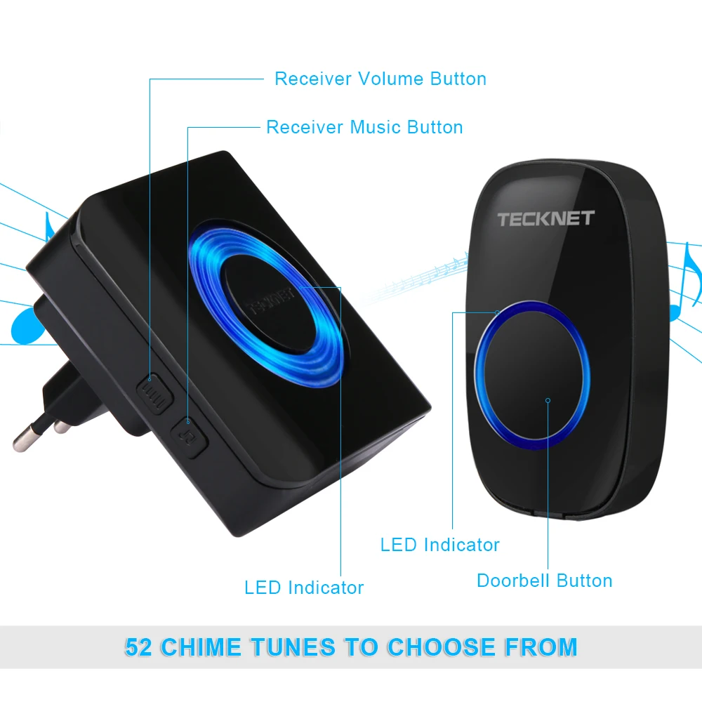 TeckNet Беспроводной дверной звонок с двойными стенками Подключаемый модуль беспроводной дверной звонок 300 м Диапазон 52 перезвон 4 уровня громкости штепсельная вилка европейского стандарта входной двери дверной звонок