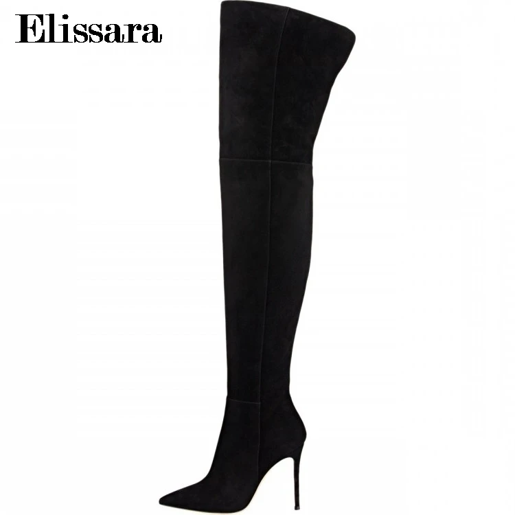 

Elissara Plus Size 33-47 Woman Over Knee Winter Boots for Women Stiletto High Heel Boots Women Flock Zip Pointed Toe Shoes