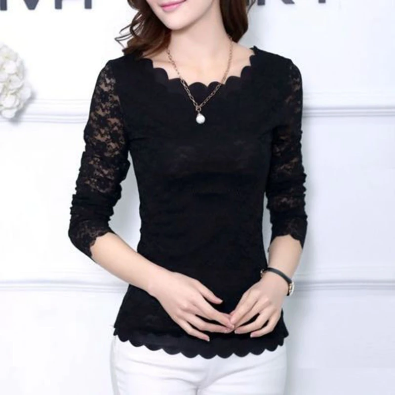 

2018 Women New Fashion Casual Solid Lace Floral Blouse Summer Long-Sleeve O-Neck Slim Shirt Tops Hot
