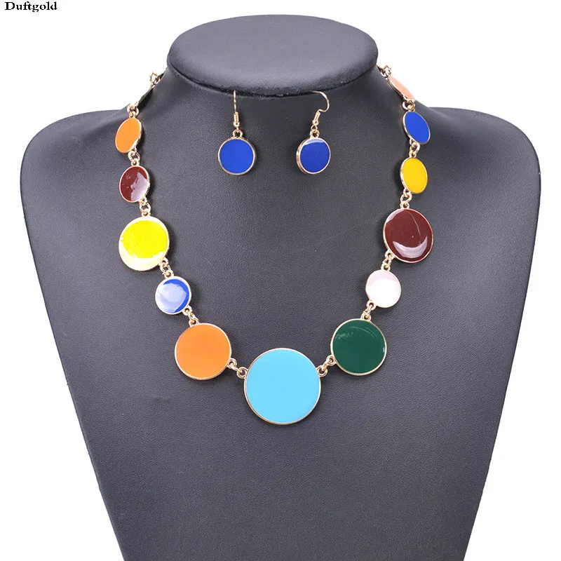 

Round Gold-Color Pendant Choker Necklace Earring Jewelry Sets For Women Statement Collar Colorful Enamel Necklace Jewelry Sets