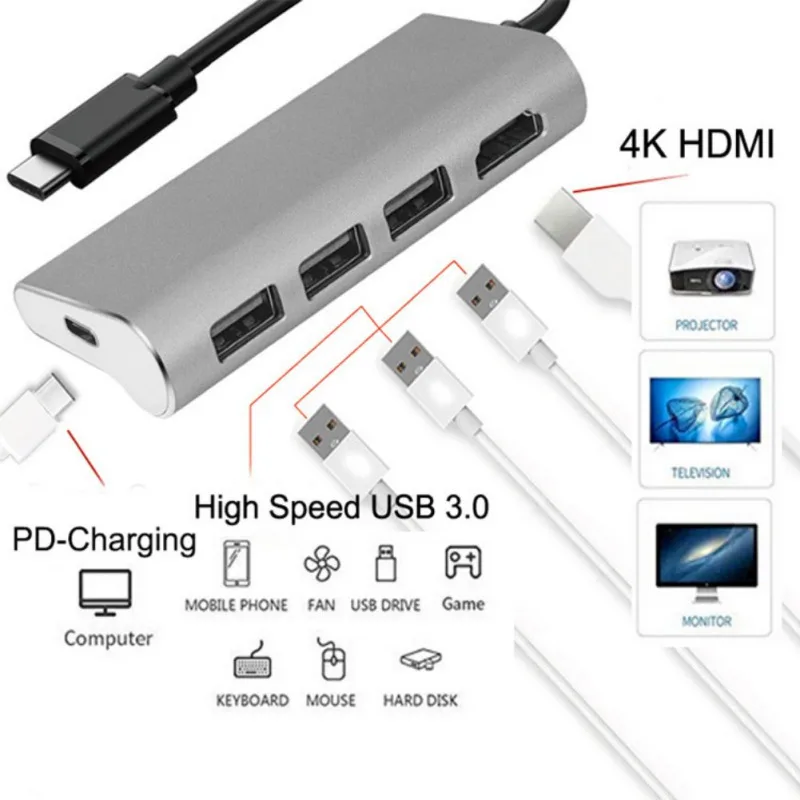 Высокоскоростной 4 портовый концентратор USB 2 0 с Type C на 4K HDMI адаптер 3 0/7/8