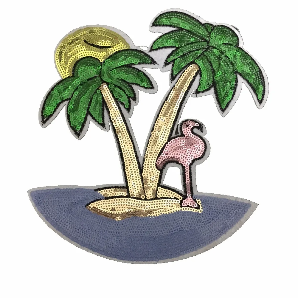 

1 Piece Flamingo with Coconut Tree Patch Iron on Sequined Patches for Summer Clothes Backpack DIY Motif Decoration Patchwork