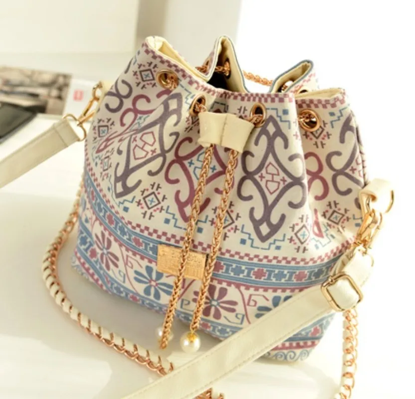  Bag for Women 2019 Bohemia Style Canvas Drawstring Bucket Bag Pearl Shoulder Handbags Women Messeng - 32957430919
