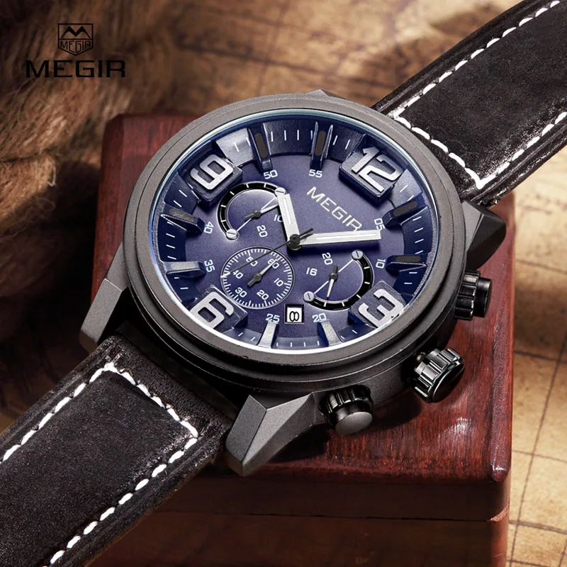 

2019 Top Luxury Brand MEGIR Sports Watches Men's Quartz Chronograph Big Dial Clock Male Leather Wrist Watch Relogio Masculino