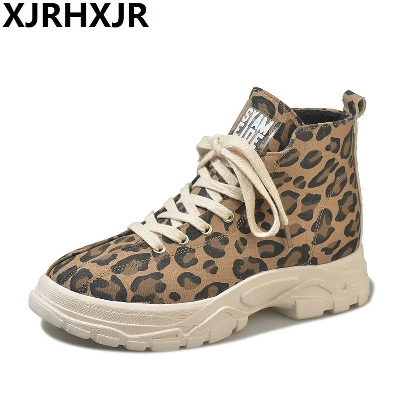 

XJRHXJR 2018 Autumn Winter High Top Lace Up Woman Shoes Fashion Leopard Print High-top Ankle Casual Shoes Female Sneakers