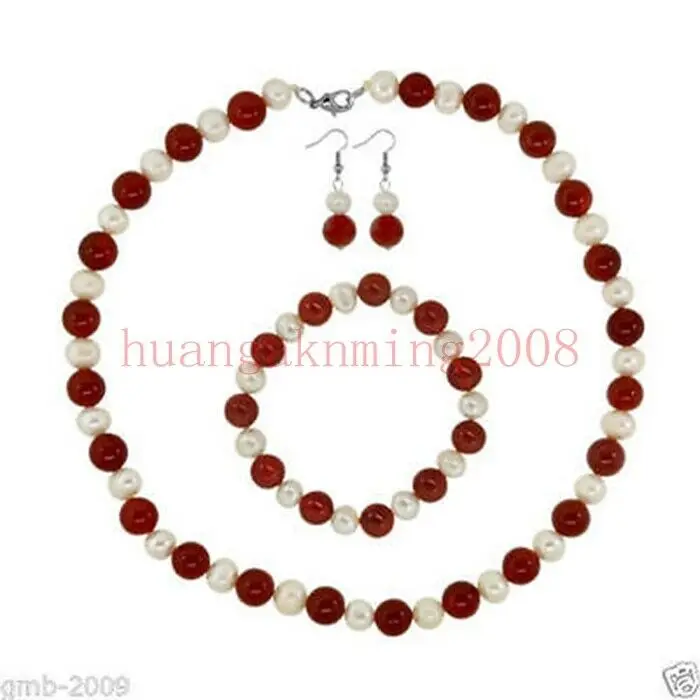 

8-9mm Natural White Freshwater Pearl Red Jade Necklace Bracelet Earrings Set