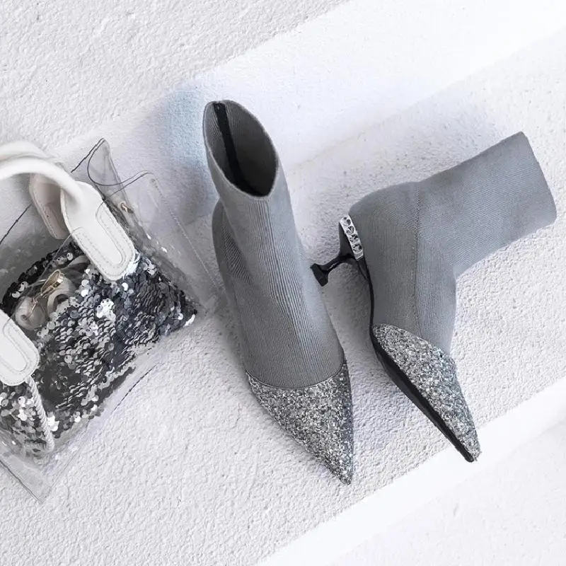 

Woman Boots Fashion Glitter Sequined Cloth Ankle Boots Pointed Toe Sock Boots Short Booties Med Heel Woman Shoes Brand Chic Shoe