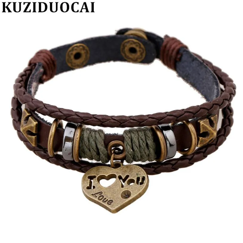 

Kuziduoca New Fashion Jewelry Accessories Cowhide Retro Heart-shaped Beading Heart Bronze Bangle & Bracelet For Women Men B-115