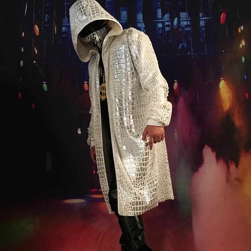 Men Fashion Hip Hop Sequin Long Cloak Hooded Trench Coat