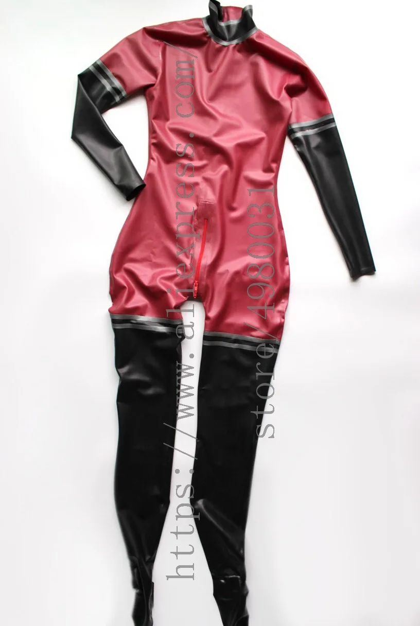 

Women's latex Zentai long sleeve late catsuit with socks in metallic rose with black and dark gray trims decorations