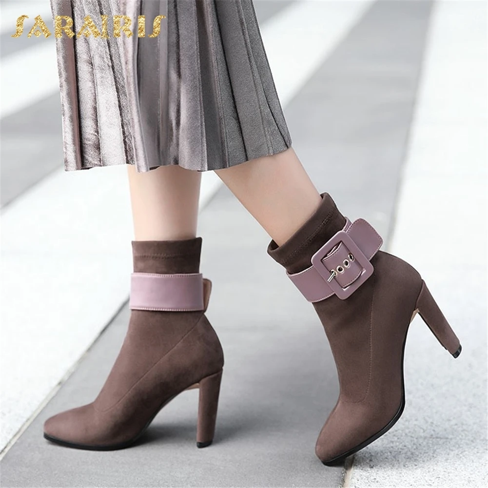 

SARAIRIS Kid Suede Large Size 33-40 Square Toe Boot Woman Shoes Chunky High Heels Buckle Strap Ankle Boots Shoes Woman